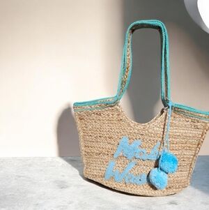 No Boundaries Straw Beach Tote with Turquoise Trim and Pom Poms
